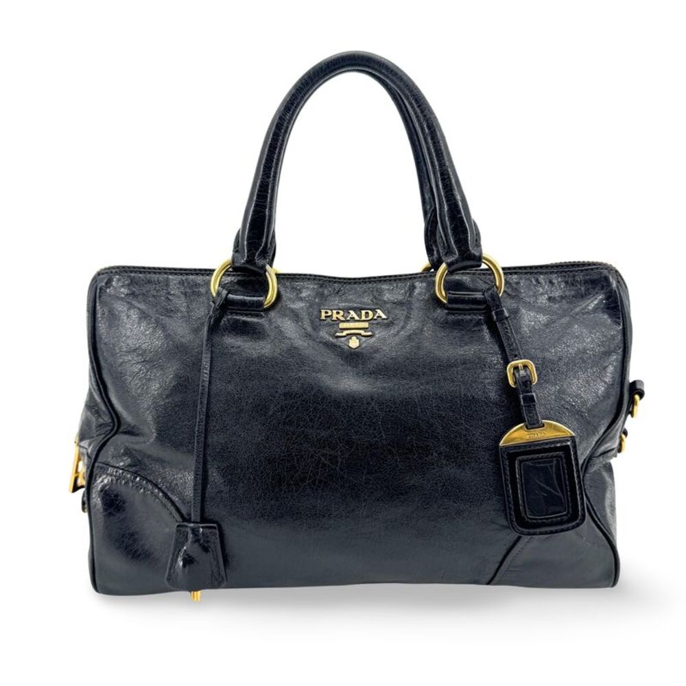 Prada Convertible Boston Vitello Shine Black Leather Handbag